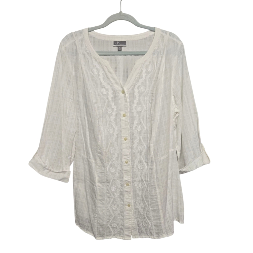 JM Collection Summer Sunset Cotton Embriodered Button Up Shirt Size 1X White